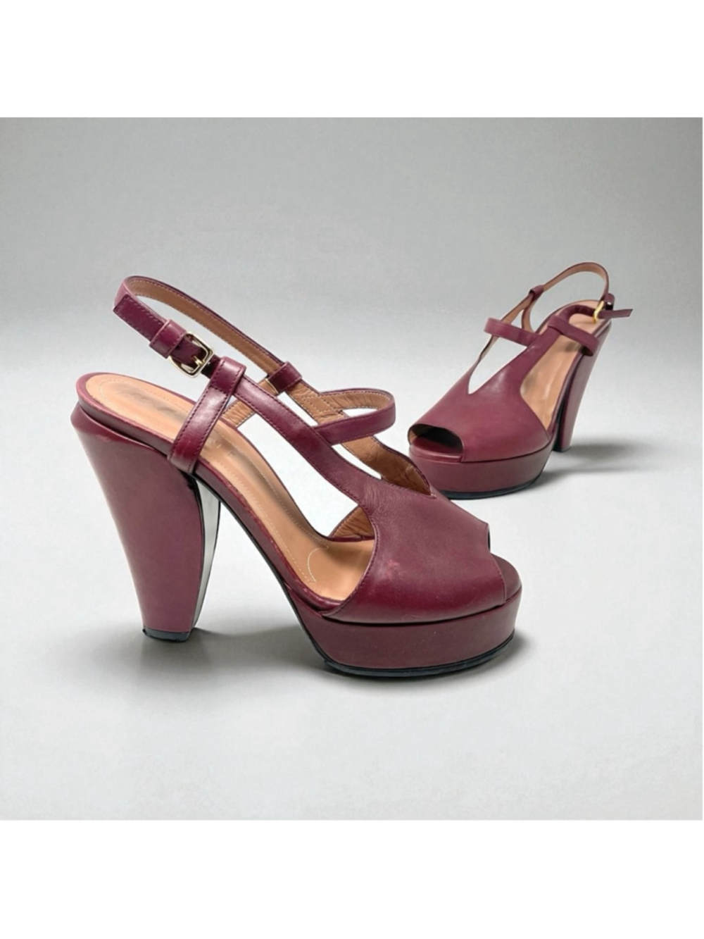 MARNI Burgundy Plum Leather Sculptured Platform Heeled Sandals Size 38